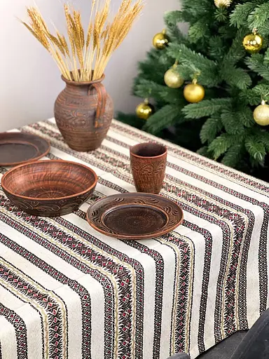 Лляна різдвяна скатертина з українським орнаментом Святогір червоний 310х150 см - фото 5