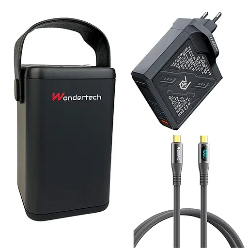 Комплект Повербанк WonderTech O2 Project 60000 мАг 65W + Кабель гумовий Remax RC-C032 + Швидка GaN зарядка Remax RP-U108