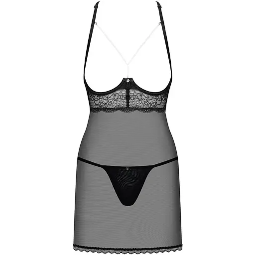 Прозора сорочка з відкритими грудьми Obsessive Pearlove chemise & Thong Black S/M, трусики - фото 3