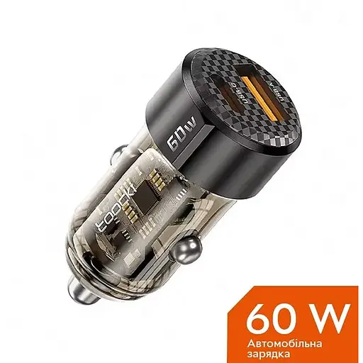 Зарядное устройство для автомобильного прикуривателя Toocki 60W (1 Type-C 30w + 1 USB 30w), Black Transparent - фото 1