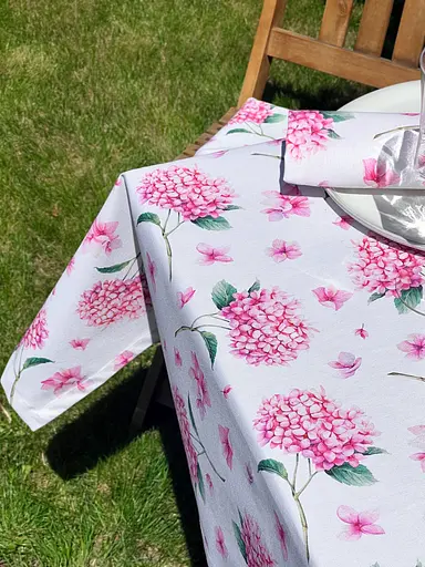Водовідштовхувальна Скатертина з 3D принтом Гортензія 340х140 см (+ 7 серветок 30х40) Рожева - фото 9