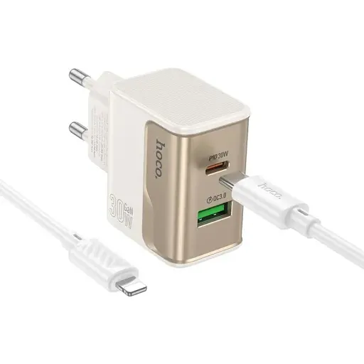 Зарядний пристрій Hoco CS73A USB/ Type-C PD 30W QC білий + кабель Type-C to Lightning - фото 1