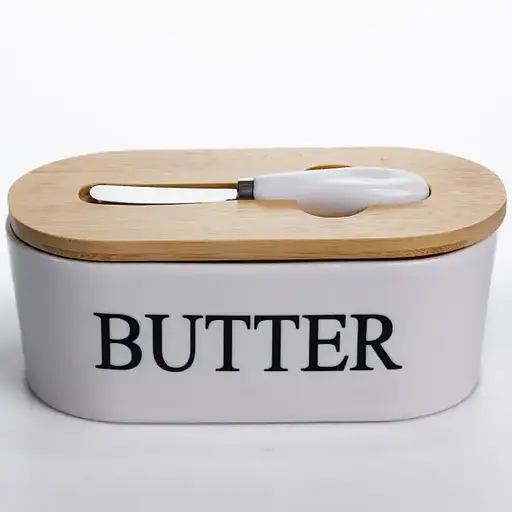 Маслянка порцелянова Yiwu з бамбуковою кришкою та ножем для масла білий CYT-W - фото 1