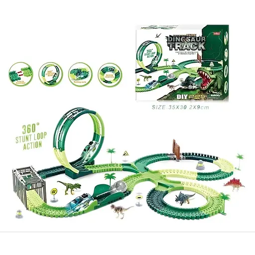 Трек 358 світло, звук, дино майданчик, машинка на батарейках, 4 фігурки динозаврів, в коробці - фото 2