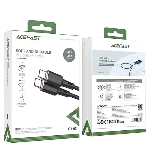Кабель Acefast C2-03 Type-C to Type-C 3A 60W 1.2 м silicone zinc connectors чорний - фото 2