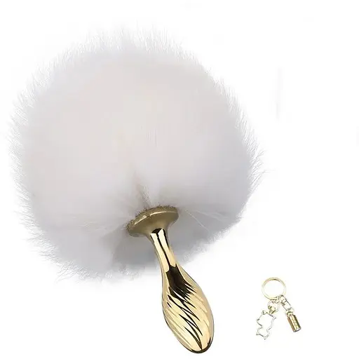 Металлическая анальная пробка Кроличий хвост Lockink Sevanda White Bunny-Tail Anal Pear-shape Plug