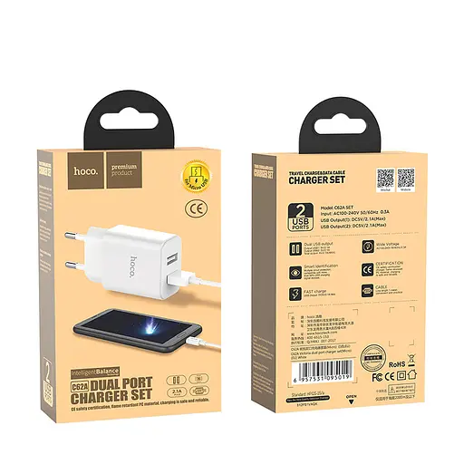 Адаптер живлення зарядний пристрій Hoco Victoria C62A + Micro-кабель 2 USB 2.1 А - фото 2
