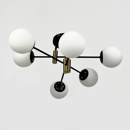 Стельова чорна люстра з латунною фурнітурою на 6 білих плафонів Ø 65 см | Line F | Арт. 81188/6 CP+BK+WT - фото 1