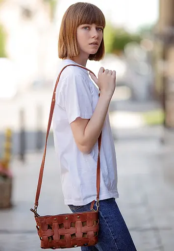 Шкіряна плетена жіноча сумка Пазл S світло-коричнева Crazy Horse - фото 2