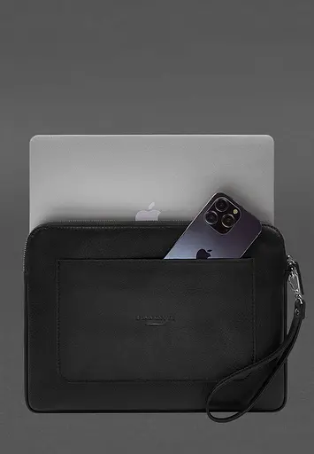 Кожаный чехол BlankNote для ноутбука на молнии с карманом и петлей на руку Черный - фото 2
