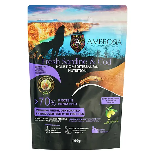 Сухий корм Ambrosia Mediterranean для літніх, кастрованих собак усіх порід з контролем ваги з сардиною та тріскою 100 г