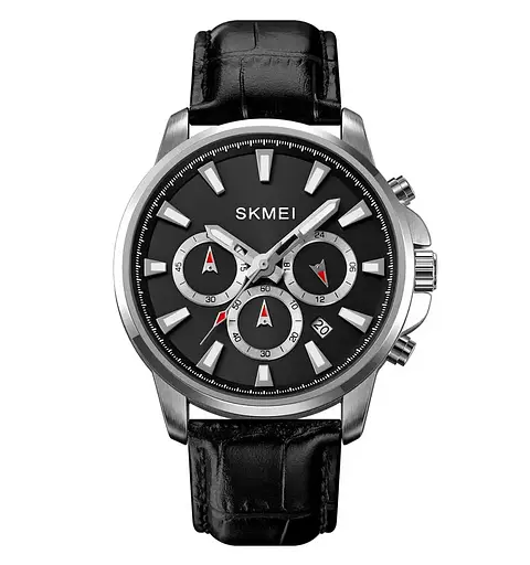 Чоловічий наручний годинник Skmei 2071 з ремінцем з еко-шкіри (Чорний з сріблястим)
