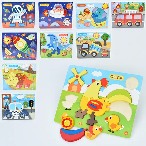 Деревянная игрушка Пазлы (динозавры, животные, транспорт, космос), 22.5x18x1 см (в ассортименте)