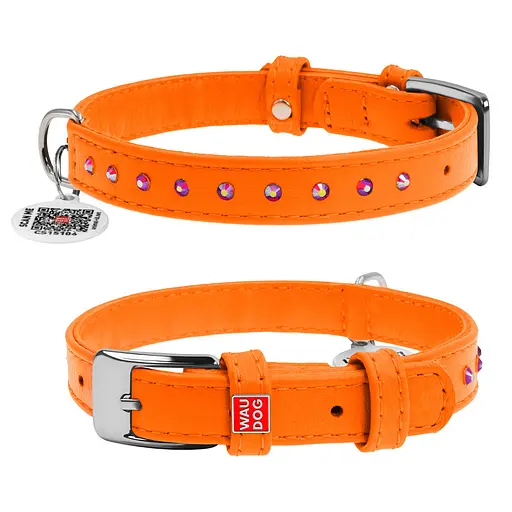 Ошейник для собак кожаный Waudog Glamour с QR-паспортом с клеевыми стразами Ш 15 мм Д 27-36 см оранжевый