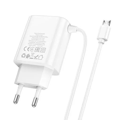 Зарядний пристрій Hoco C103A 2 порти + вбудований Micro USB кабель біле - фото 5