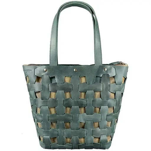 Шкіряна плетена жіноча сумка Пазл L зелена Crazy Horse - фото 1