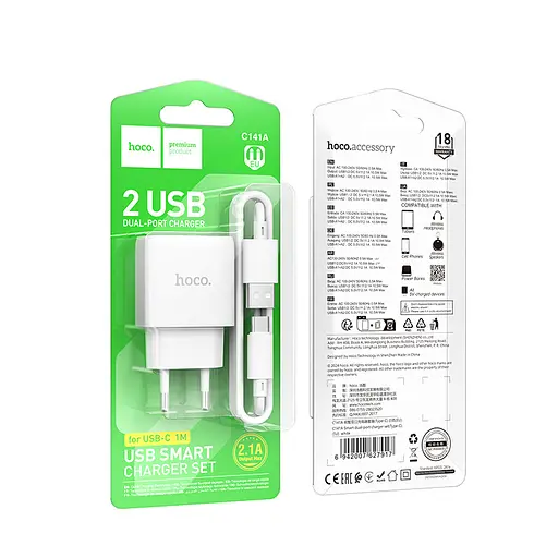 Сетевое зарядное устройство с кабелем Hoco C141A Smart dual-port charger set(Type-C) белый - фото 2
