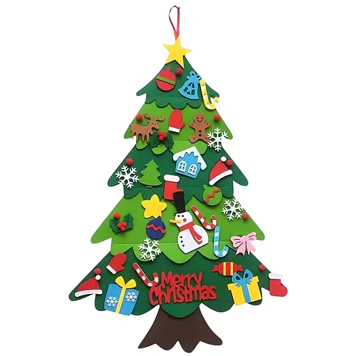 Новогодняя фетровая елка D32, 96 см - набор с 32 игрушками на липучках и диодной гирляндой