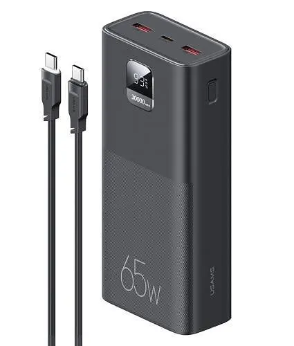 Универсальная мобильная батарея 30000 mAh, Usams PB68, черный, 65 Вт, 2xUSB (QC3.0)/Type-C (PD), цифровой LED дисплей (ATXLOGTC01) - фото 1
