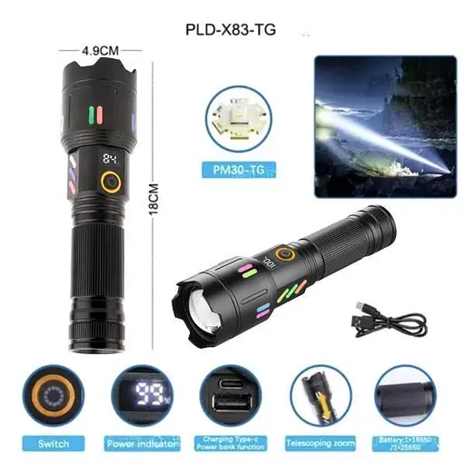 Ручний ліхтар PLD-X83-TG zoom + LCD + Type-C + PowerBank + 1х26650 (18650) 5 режимів - фото 6