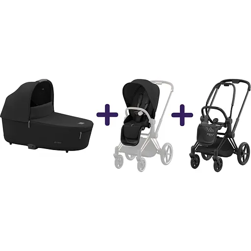 Люлька Cybex Priam Lux Sepia Black + Текстиль для прогулянкового блоку Cybex Priam Sepia Black + Шасі Cybex Priam з каркасом LS RBA Matt Black