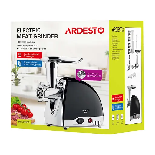 ARDESTO Мясорубка, 1800Вт, продук.-2кг/мин, 3 решетки + для ковб., кеббе, 4 терки, пластик, черно-серебристый - фото 10