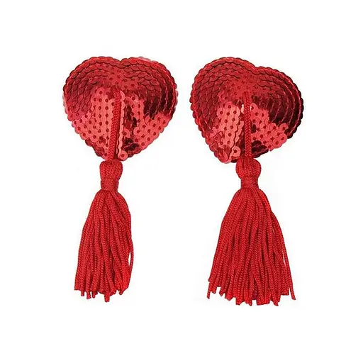 Наклейки на соски с пайетками и кисточками Hearts красные One Size - фото 1