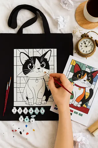 Набір екосумка-розмальовка "Яскравий кіт" 38х42см чорна бавовна 200 г/кв.м ROSA Talent