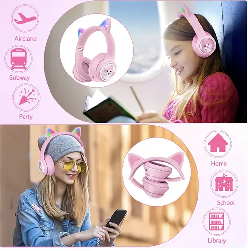 Дитячі бездротові Bluetooth навушники AZK-01 з RGB підсвічуванням і вбудованим мікрофоном Рожевий - фото 4