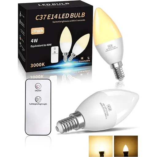 Світлодіодні лампи TobeBright 4W C37 E14 350LM Пульт дистанційного керування Один клік Перемикач Нічний світло Режим 35LM Теплий