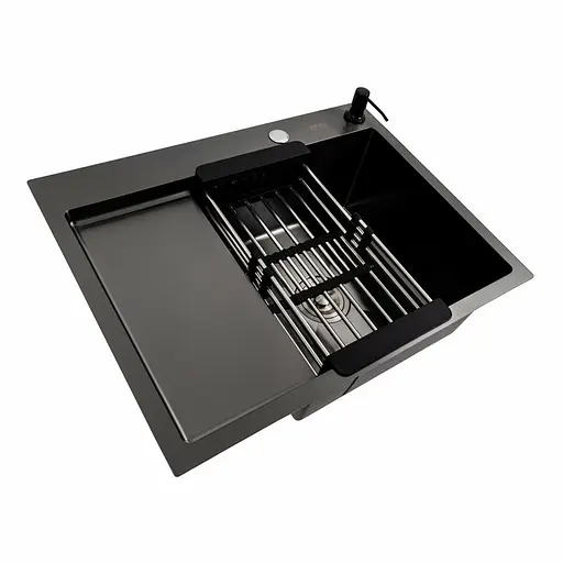 Кухонная мойка CM 65x50 R PVD черная Platinum Handmade (круглый сифон 3.0/0.8), Черный - фото 2