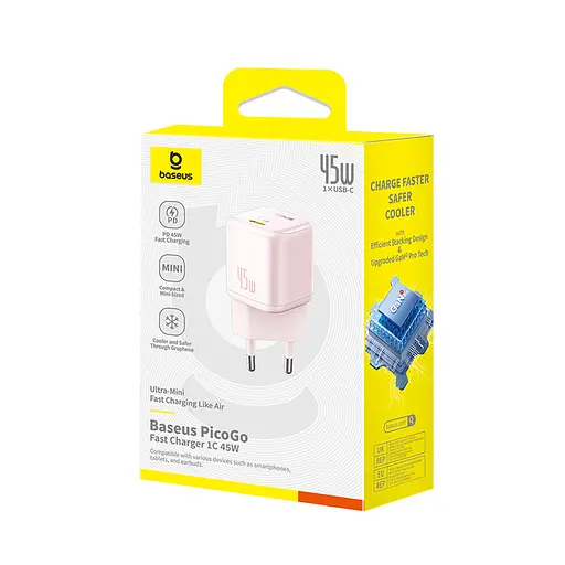 Сетевое зарядное устройство для Baseus PicoGo GaN Fast Charger 1C 45W EU Babypink - фото 2