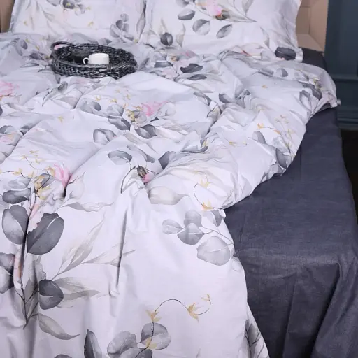 Простыня на резинке MirSon Поплин 00-7 Pink Flowers 180х190 см серая (2200009706967)