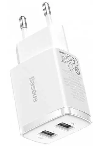 Адаптер зарядный - блок на 2 выхода Baseus Compact 10,5 W (2 USB) белый - фото 2