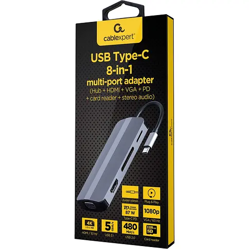 USB-Хаб Cablexpert A-CM-COMBO8-02, USB Type-C 8-в-1 (A-CM-COMBO8-02) - фото 2