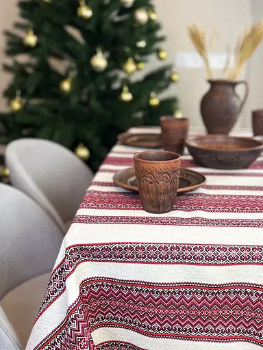 Лляна скатертина різдвяна з українським орнаментом "Рандеву червоний" - 330х150 см - фото 2