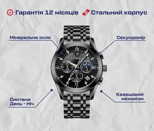 Часы мужские наручные Poedagar Magnat Steel (Черный) - фото 2
