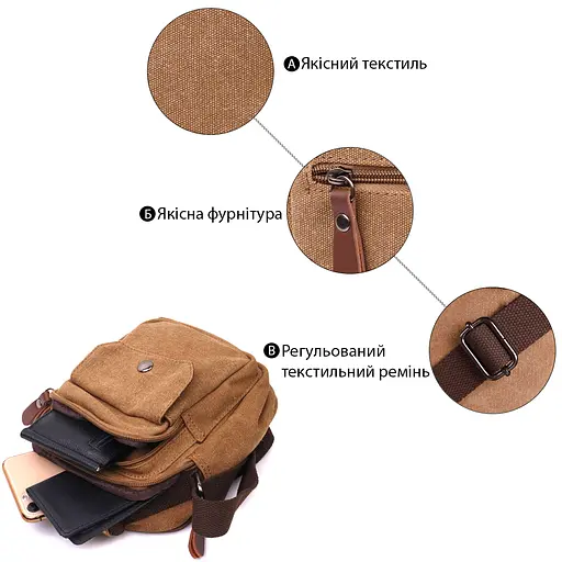 Практична невелика чоловіча сумка із щільного текстилю Vintage 14,5х19х10,5 см sum0028943 - фото 4