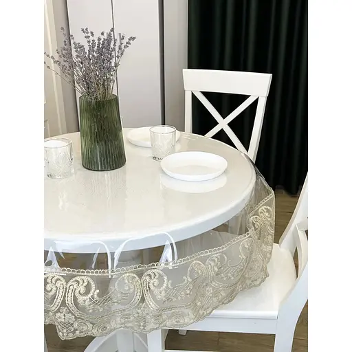 Силіконова скатертина кругла з мереживом Арка 15 см 120х120 см Бежевий