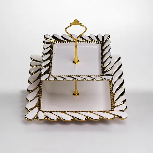 Фруктовница квадратная Yiwu Tiffany 23х23х23 см двухъярусная для сервировки фруктов и сладостей фарфоровая стойка для закусок белая ML2086 - фото 4