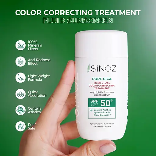 Солнцезащитный флюид для лица Sinoz Pure Cica Tiger Grass SPF50+ для коррекции тона кожи 50 мл - фото 3