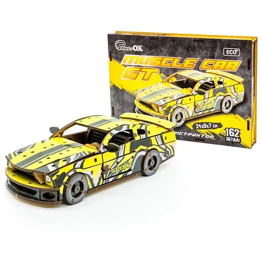 Деревянный 3D конструктор Muscle car GT PuzzleOk Puz-00638 162 детали желтый - фото 1