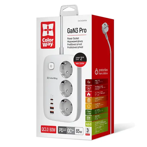 Мережевий фільтр-подовжувач СolorWay 3 розетки/4USB GaN3 Pro PD (2USB-A + 2 TYPE-C) (65W) 2 м (CW-CHE34PDW) - фото 11