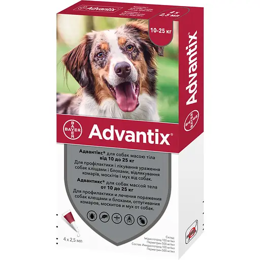 Краплі Elanco (Bayer) Advantix від бліх і кліщів для собак від 10 до 25 кг 10 мл (2.5 мл x 4 піпетки) (933784) - фото 2