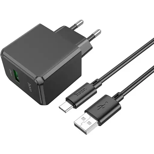 Мережевий зарядний пристрій Hoco CS12A Ocean single port QC3.0 charger set (Type-C) (EU) Чорний - фото 1