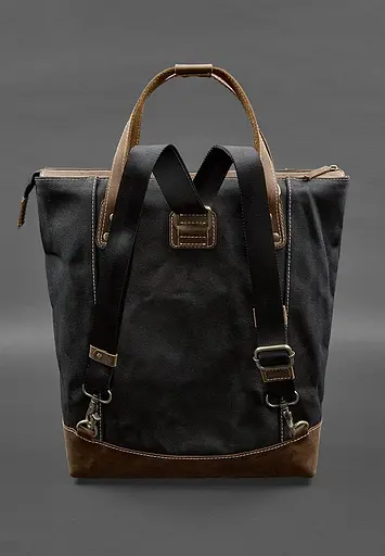 Сумка-рюкзак з канвасу та натуральної темно-коричневої шкіри - фото 5