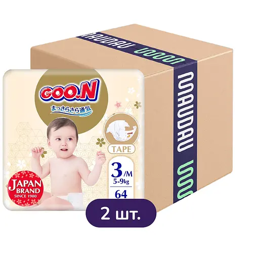 Упаковка підгузків для дітей Goo.N Premium Soft 3 М (5-9 кг) на липучках унісекс 128 шт. (64 шт. х 2 шт.)