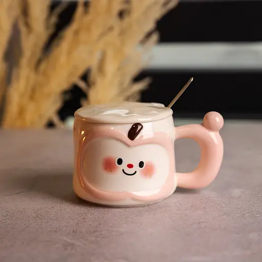 Чашка порцелянова Cute Apple 400 мл з кришкою та ложкою рожевий FM-25C - фото 2