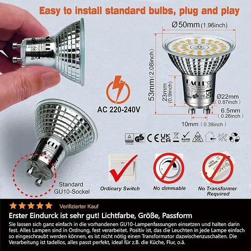 Светодиодные лампы EACLL GU10 3-ступенчатое затмение 3-яркость, 10 Вт 3000 K теплый белый, пачка из 6 штук, 940 lm эквивалент 125 W - фото 4