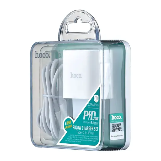 Мережевий зарядний пристрій Hoco C76A Plus Speed source PD20W charger set Type-C to Lightning ( EU ) Білий - фото 2